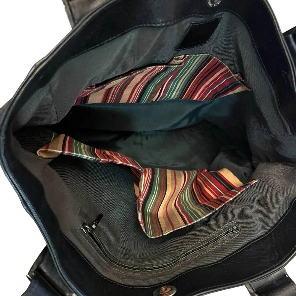 PLY New York Black & Brown 2 Tone Leather Tote Bag with Pocket & Striped Lining